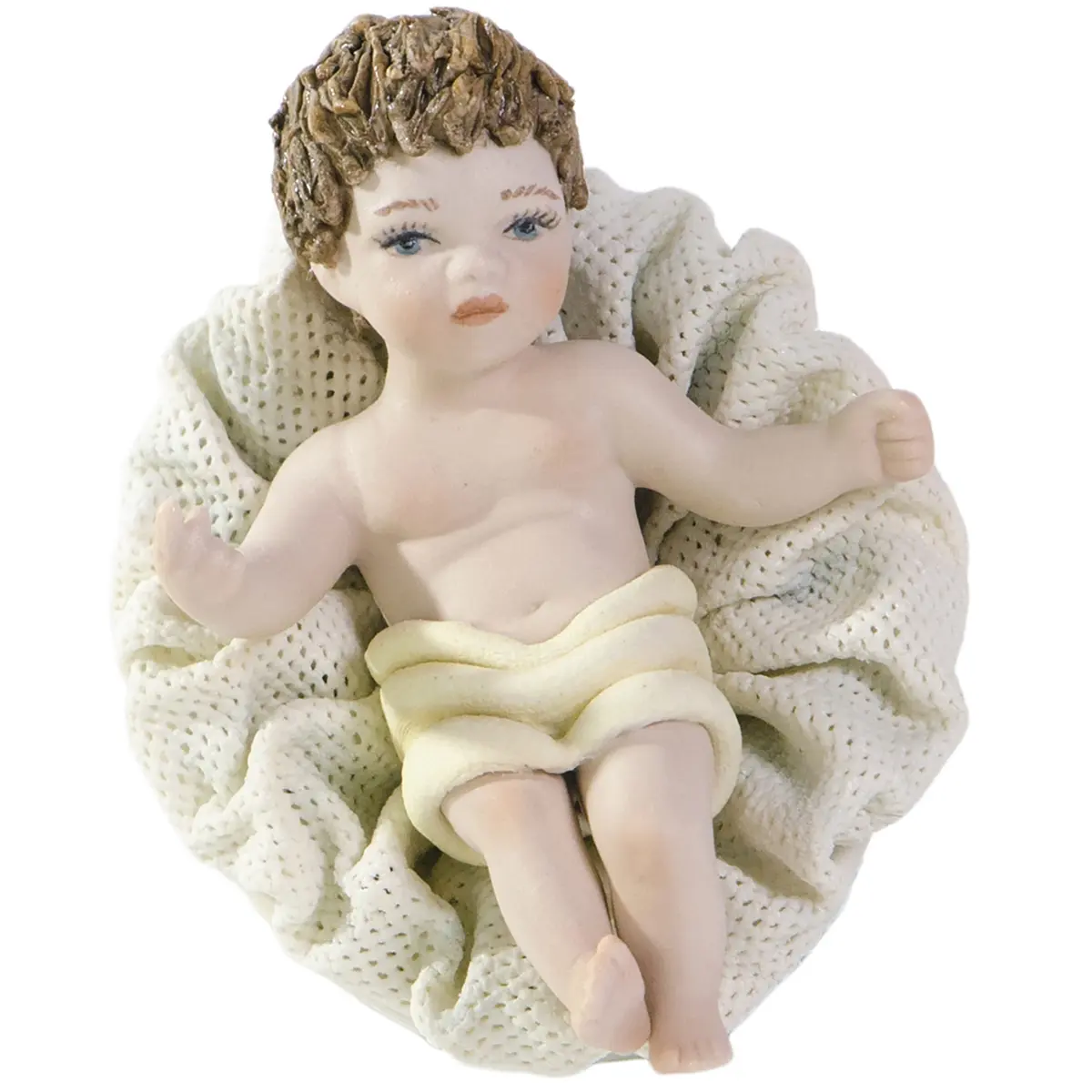 Tre figure in porcellana di Gesù Bambino steso in culla con panno crema e cuscino in tulle.