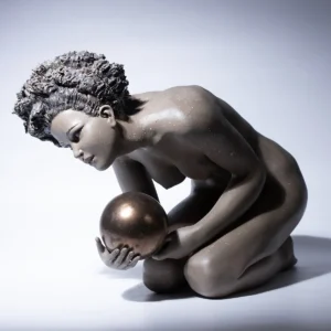 Statua in gres e metallo raffigurante una donna china che regge un globo sulla mano.
